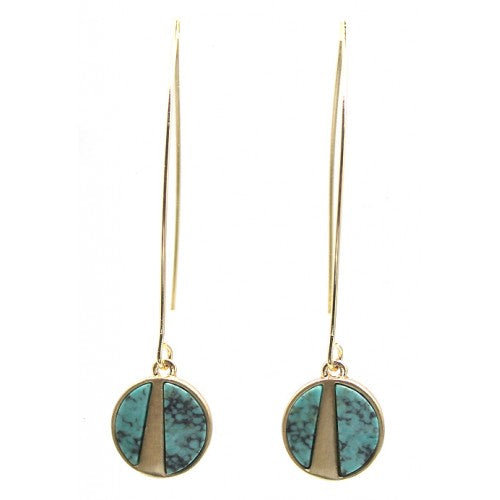  Small Round Brushed Metal Turquoise Long Hoop Earrings In Gold - Fly Jesse- Unique, special and quality gifts 
