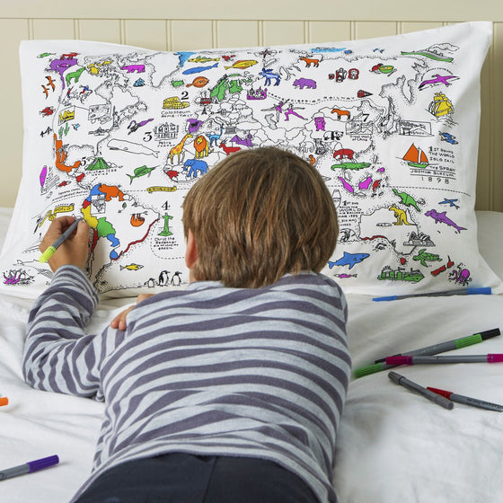 world map pillowcase - colour in & learn - The Blue Zebra
