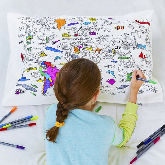 world map pillowcase - colour in & learn - The Blue Zebra