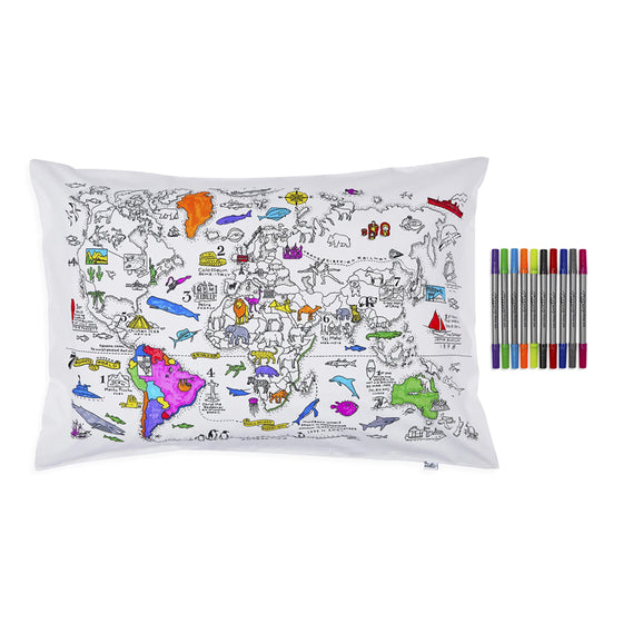 world map pillowcase - colour in & learn - The Blue Zebra
